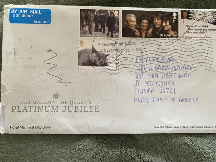 Envelope of a letter to writing coach Roy Peter Clark