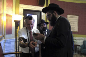 Rabbi Berry Nash, right, and Montana Rep. Dave Fern, R-Whitefish, after thanking politicians for defending the Jewish community in Whitefish when it was threatened and harassed by white supremacists.