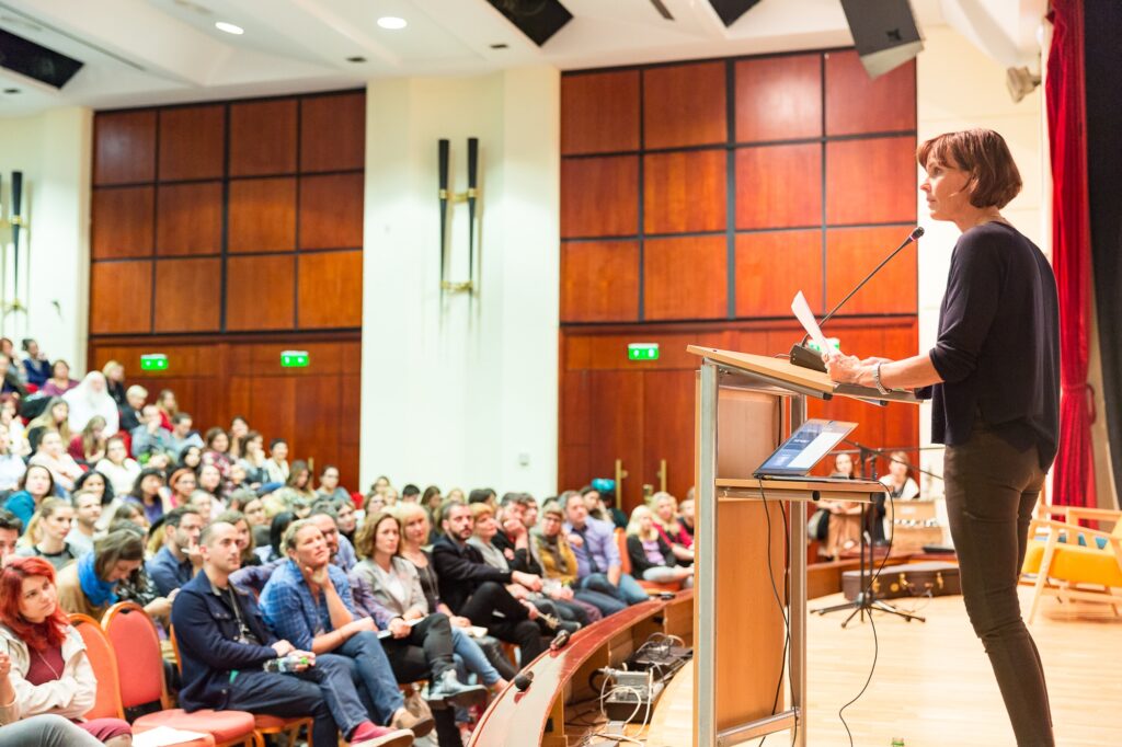 Author Caroline Paul at the Power of Storytelling conference in Bucharest, Romania.