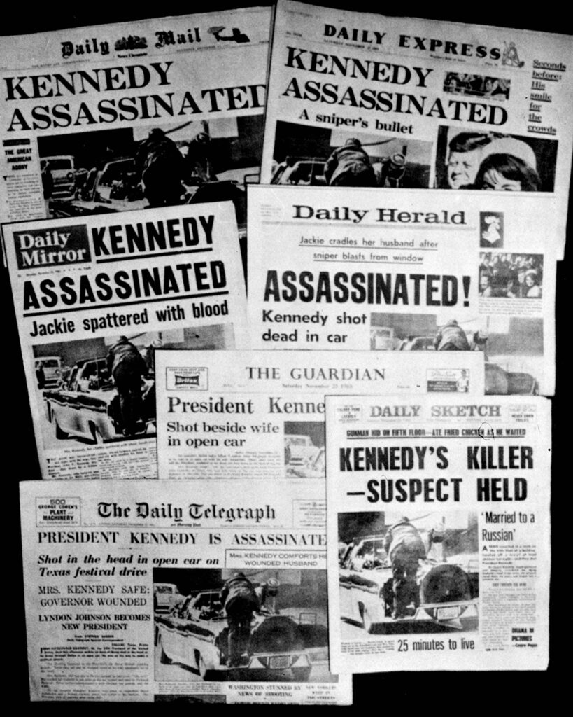 The front pages of seven British newspapers headlining the assassination of U.S. President John F. Kennedy. 