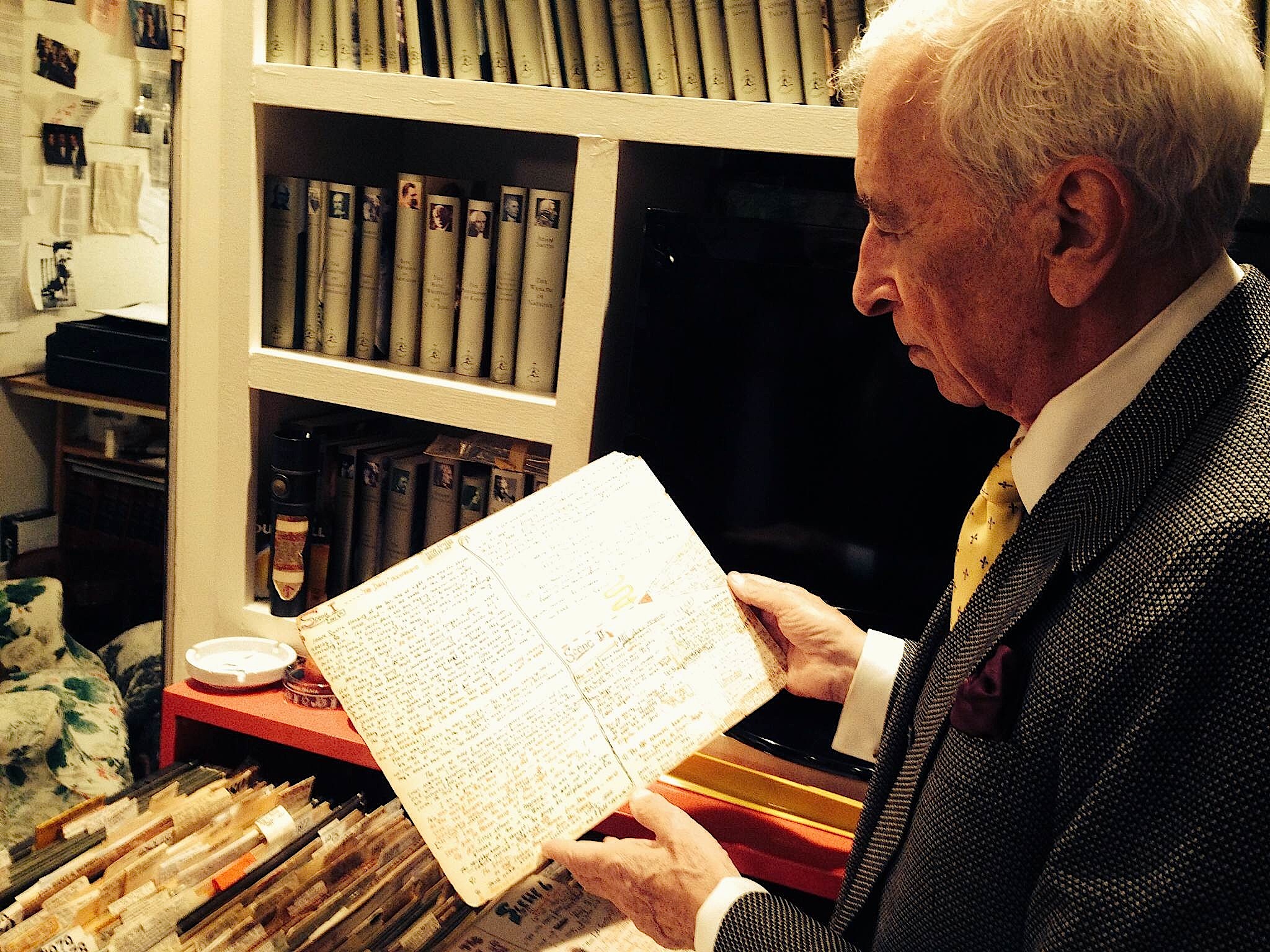 Talese, in September, with one of his famous shirt-board outlines. (Photo by Elon Green)