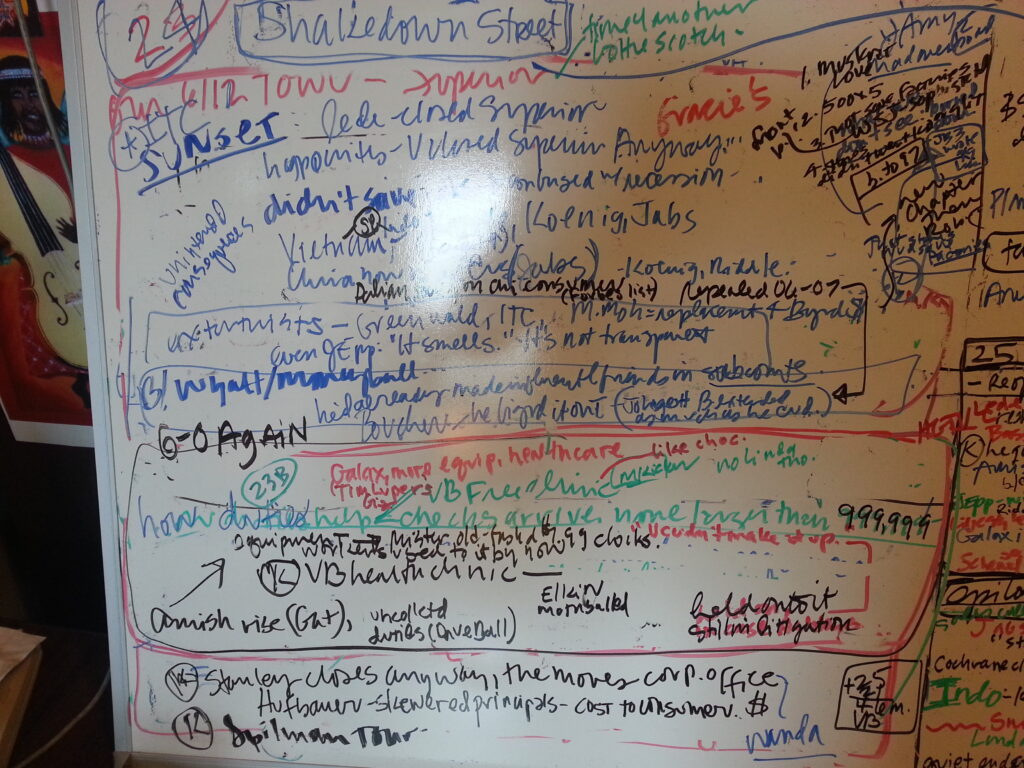     I revised constantly, aiming everything toward dramatic section enders and chapter kickers. On the right, I jotted down ideas for the next chapters as they came to me. When I finished a chapter, I took a picture of the board — just in case, ’cause I’m anal that way — then I erased it after much cheering and high-fiving with my husband, who works down the hall in his dueling home-office.