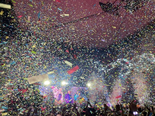 Photo of confetti, sparkles and bracelets at the end of a Taylor Swift concert in Warsaw, Poland.