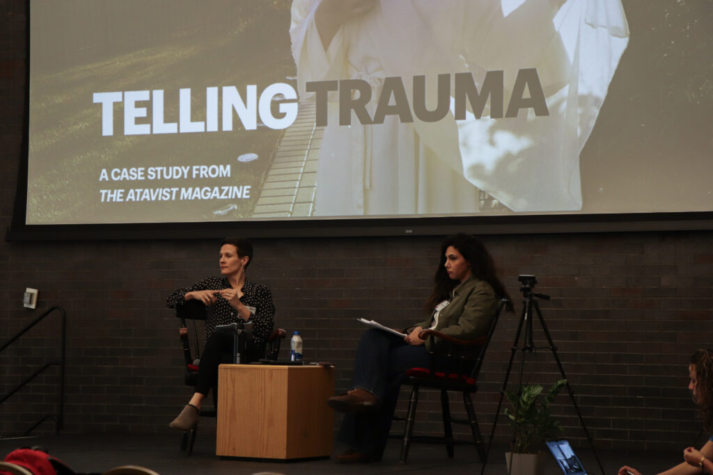Seyward Darby and Rhana Natour discussing Natour's award-winning Atavist story, “Coming to America”