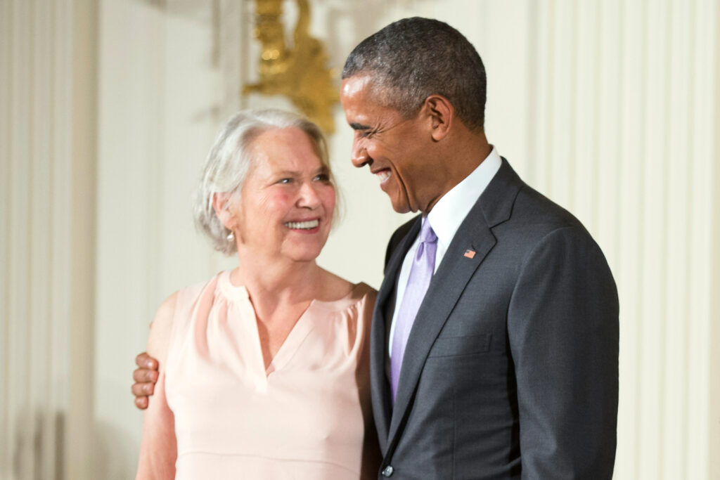 Annie Dillard receiving the 2014 National Humanities Medal during a ceremony with President Obama in 2015. (AP Photo/Andrew Harnik, File)