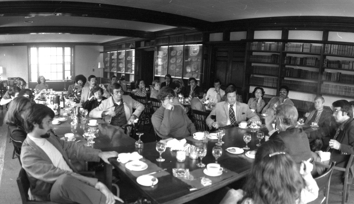 Edwin O. Reischauer, a leader in establishing Japanese studies at Harvard, engages with the Class of 1975