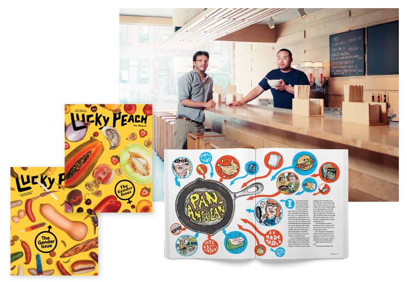 LUCKY PEACH
Magazine co-founders David Chang, far right,
and Peter Meehan, in Chang’s New York Momofuku noodle bar. Lucky Peach recently won five James Beard awards