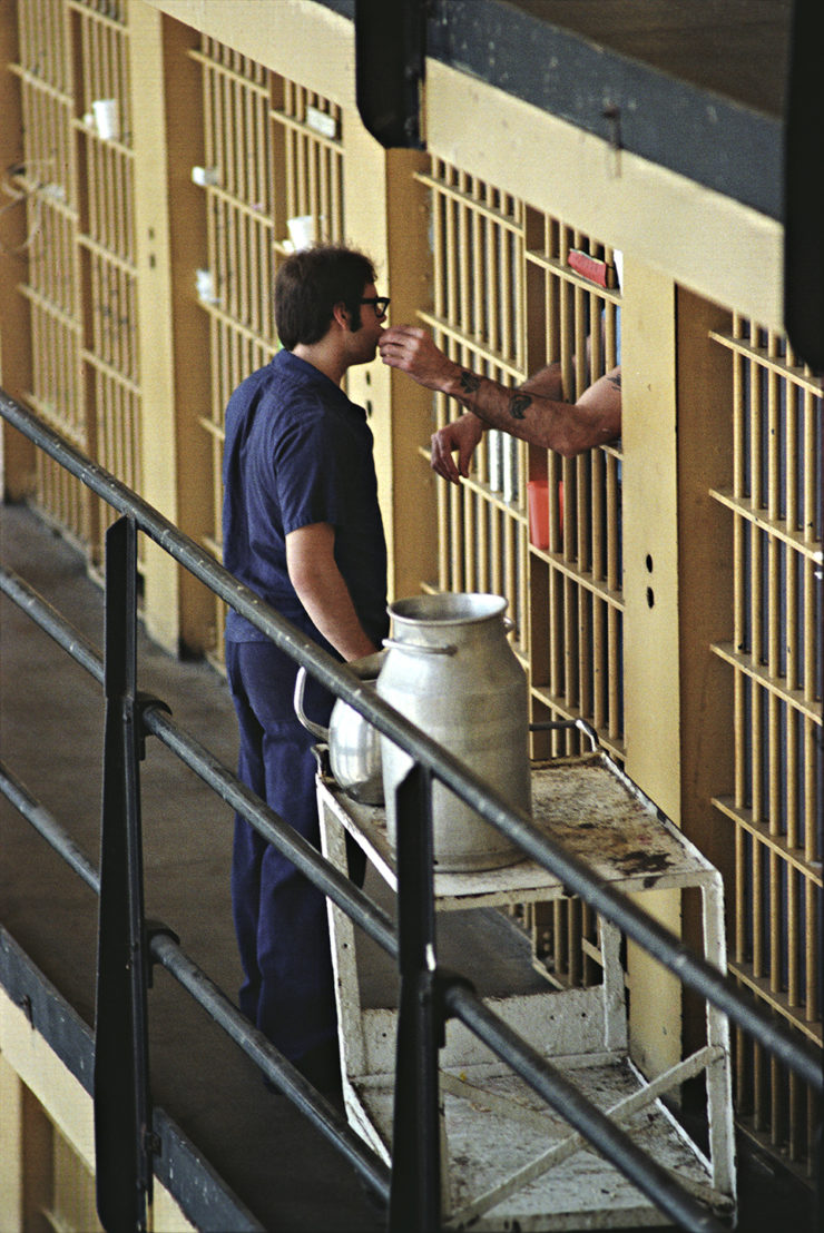 The third of a three-photo series Taro Yamasaki shot of an inmate being intimidated by another. Within the prison’s brutal hierarchy, allowing oneself to be touched by another prisoner was to be effectively enslaved. This photo did not run in the Free Press series.