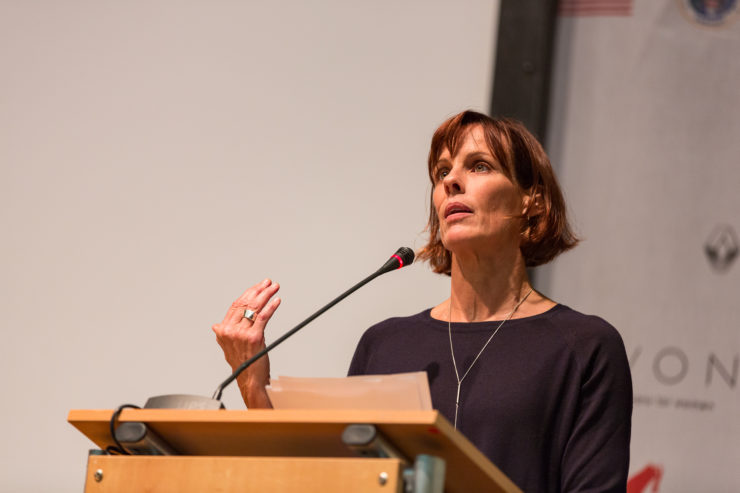 Author Caroline Paul speaks at the recent Power of Storytelling conference in Bucharest, Romania.