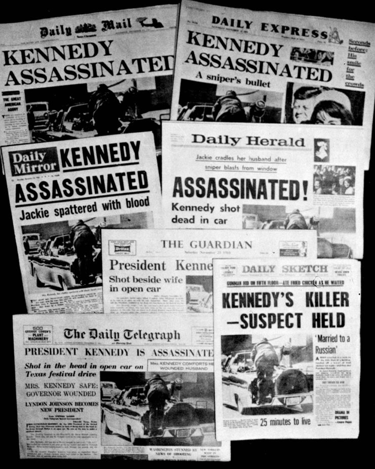 The front pages of seven British newspapers headlining the assassination of U.S. President John F. Kennedy. 