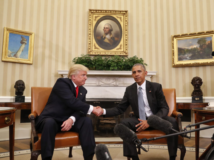 President Obama and President-elect Trump shake hands following their meeting in the Oval Office on Thursday. 