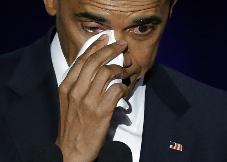 President Obama wipes his tears at his farewell address last week. 