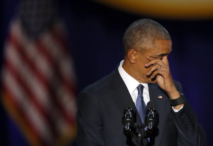 President Obama wipes away tears as he speaks at his presidential farewell address.