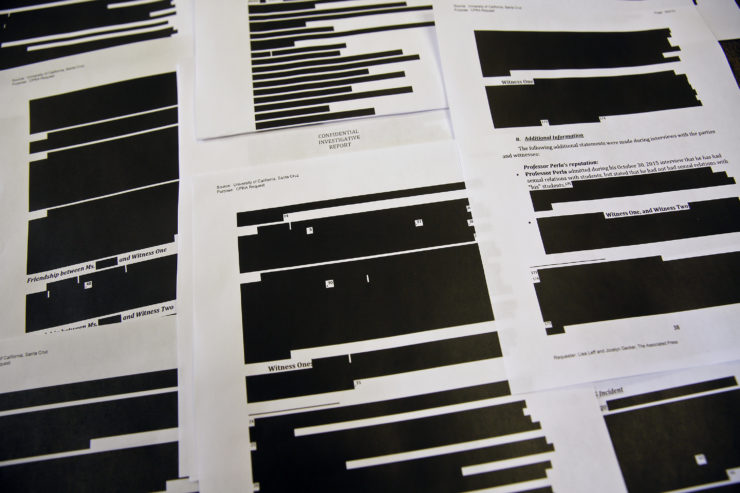 The Daily Californian used documents—such as this heavily redacted file of a sexual harassment case against a UC Santa Cruz Latin Studies professor—obtained through a public-records request to report on the shocking number of University of California employees who had violated the system’s sexual misconduct policies