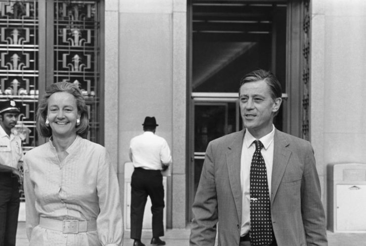 Washington Post publisher Katharine Graham and editor Ben Bradlee leaving the U.S. District Court in Washington, D.C. after getting the go-ahead to print the Pentagon Papers on June 21, 1971. "The Post" focuses on the pair and  chronicles the newspaper's publication of the Pentagon Papers