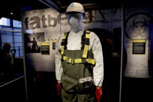 A mannequin displays worker safety clothing and equipment worn to remove a fatberg from sewers in the Whitechapel area of East London. The extraction equipment and a fatberg sample are being displayed as part of the 'Fatberg!' exhibition at the Museum of London. 