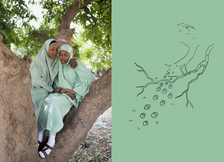Rukkaya and Hadiza, photographed in Maiduguri, Nigeria in 2016, remember having to hide their school uniforms in plastic bags because they feared becoming a target of Boko Haram. The photo is displayed alongside a connect-the-dots illustration from the “Progressive Coloring Book” by Christopher G. Bakare, which purports to teach psychological skills to students