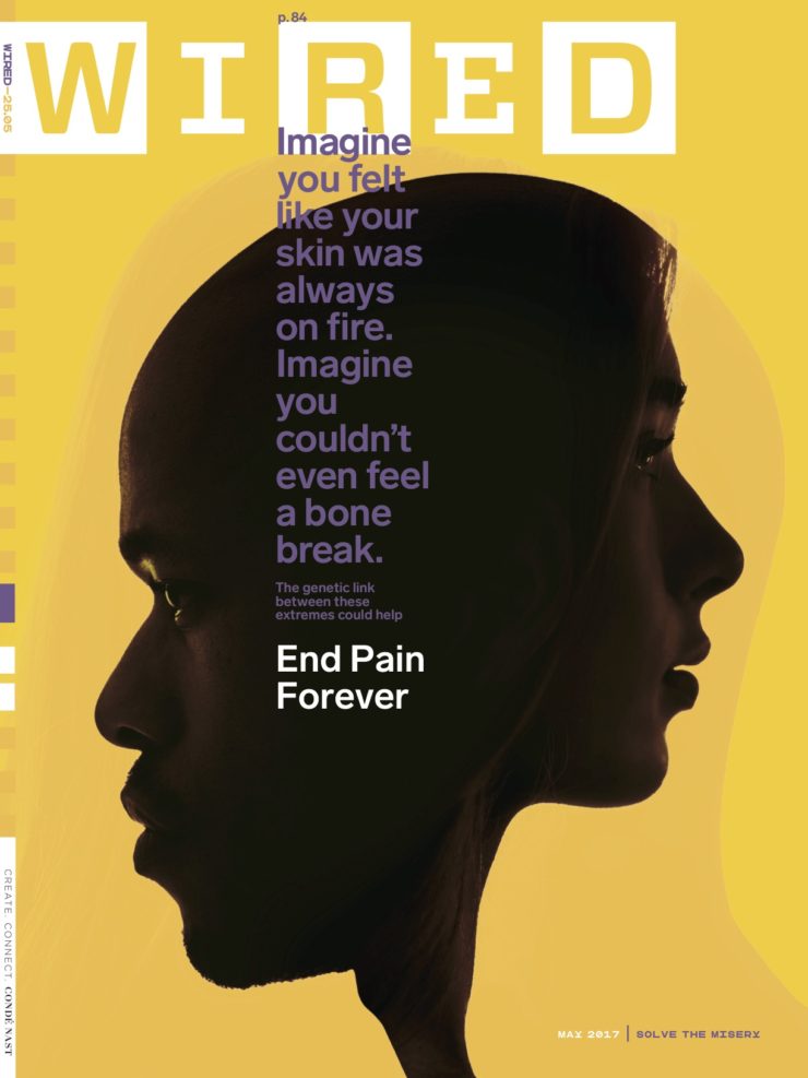 Cover illustration of May 2017 Wired magazine by Cait Opperman, accompanying freelancer Erika Hayasaki's piece on "End Pain Forever"