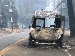 An ambulance melted by the Camp fire. The vehicle was just in front of another ambulance carrying Tamara Ferguson, other emergency workers and some patients from a nearby hospital who were trying to escape Paradise, California.