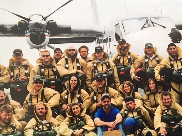 Members of the U.S. Forest Service smokejumper crew from Grangeville, Idaho, 2003. Sarah Berns is on the far right in the middle row.