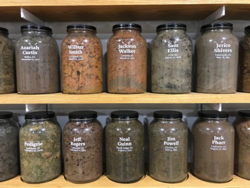 The Legacy Museum holds a collection of jars filled with earth from places where lynchings took place, and marked with the names of the victims. These are kept in the office of the Equal Justice Initiative.