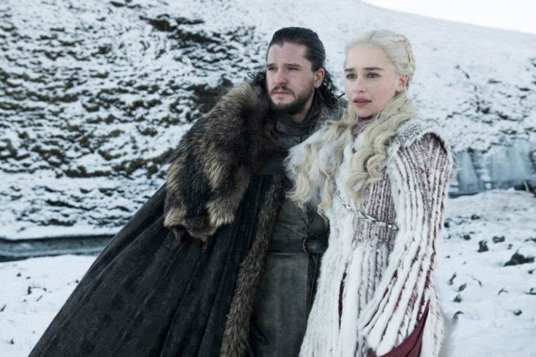 Kit Harrington as Jon Snow and Emilia Clarke as Daenerys Targaryen in "Game of Thrones"