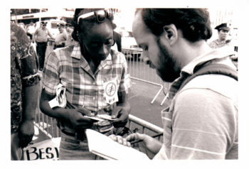A younger Barry Yeoman interviewing homeless activists at the 1992 Democratic National Convention