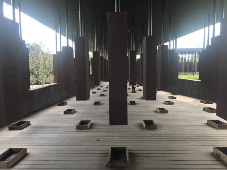 Iron beams, representing blacks who were lynched, hang from the rafters of an open-air pavilion at the National Memorial for Peace and Justice in Montgomery, Alabama. The memorial neighbors The Legacy Museum: From Slavery to Mass Incarceration, which displays the history of slavery and racism in the U.S.