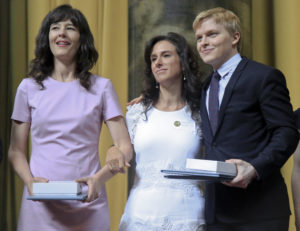 2018 Pulitzer Prize winners for public service journalism, Megan Twohey, left, Jodi Kantor, center, and Ronan Farrow, right