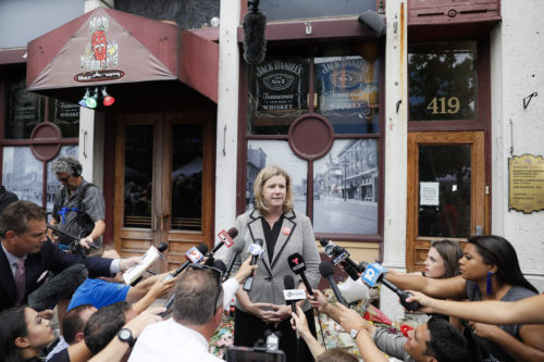 Dayton, Ohio, Mayor Nan Whaley speaks to members of the media Tuesday, Aug. 6, 2019, outside Ned Peppers bar in the Oregon District after a mass shooting