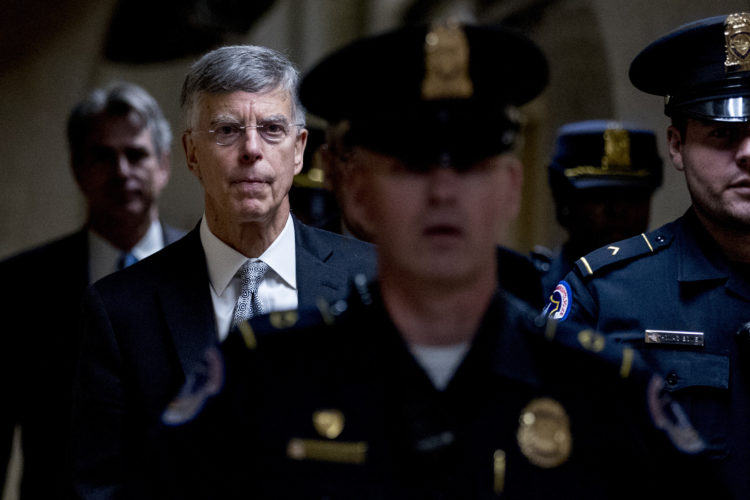 Former Ambassador William Taylor leaves a closed door meeting after testifying as part of the House impeachment inquiry into President Donald Trump, on Capitol Hill in Washington, Tuesday, Oct. 22, 2019.