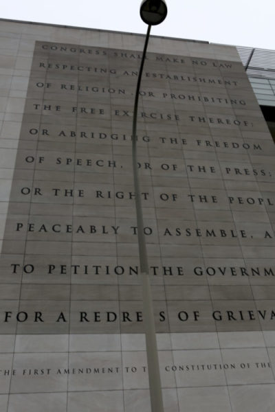 The iconic etching of the First Amendment on the front of the Newseum