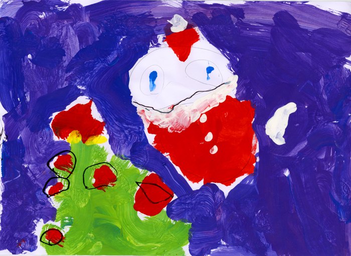 A child's drawing of Santa next to a tree.