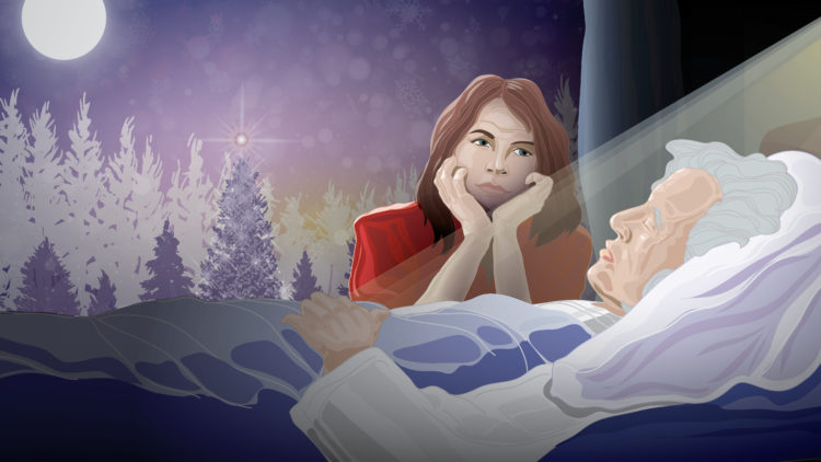 An illustration of a woman looking at an older woman who is sleeping.