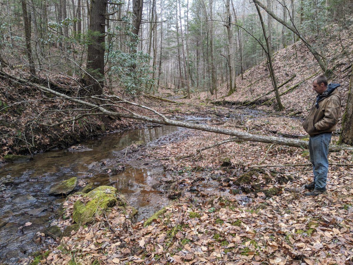 Chauncy Easterling watches murky water seep into a stream feeding into Panther Creek near his Appalachia home