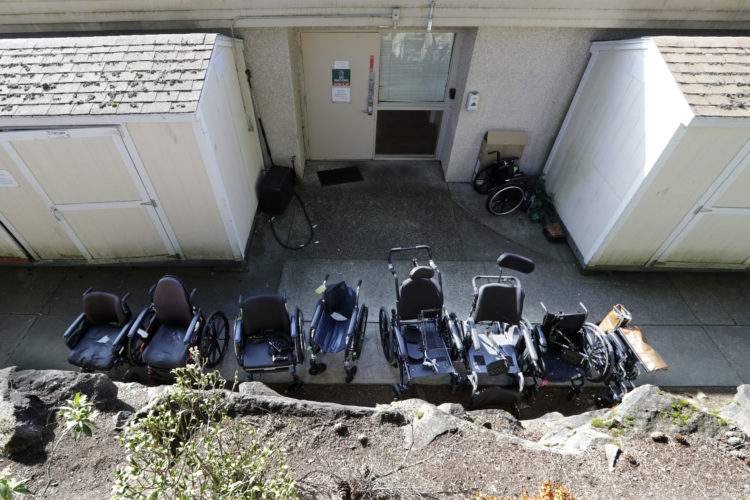 Wheelchairs outside the Life Care Center in Kirkand, Washimgton