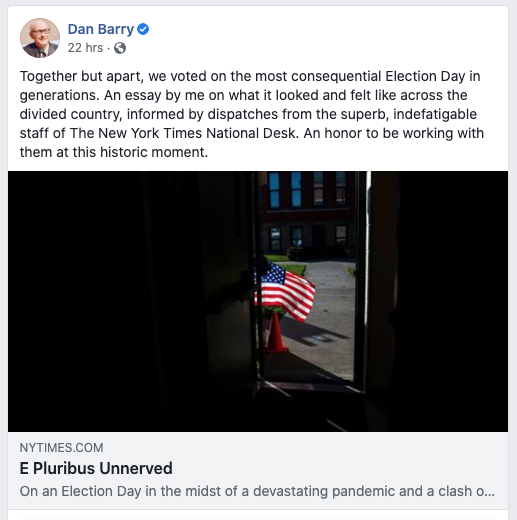 Screenshot of Dan Barry's facebook post linking to his story titled "E Pluribus Unnerved."
