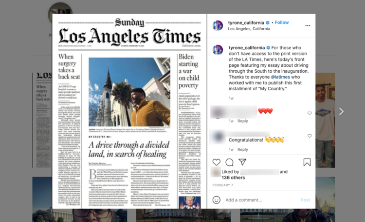 Los Angeles Times Page One of "My Country" project on Instagram