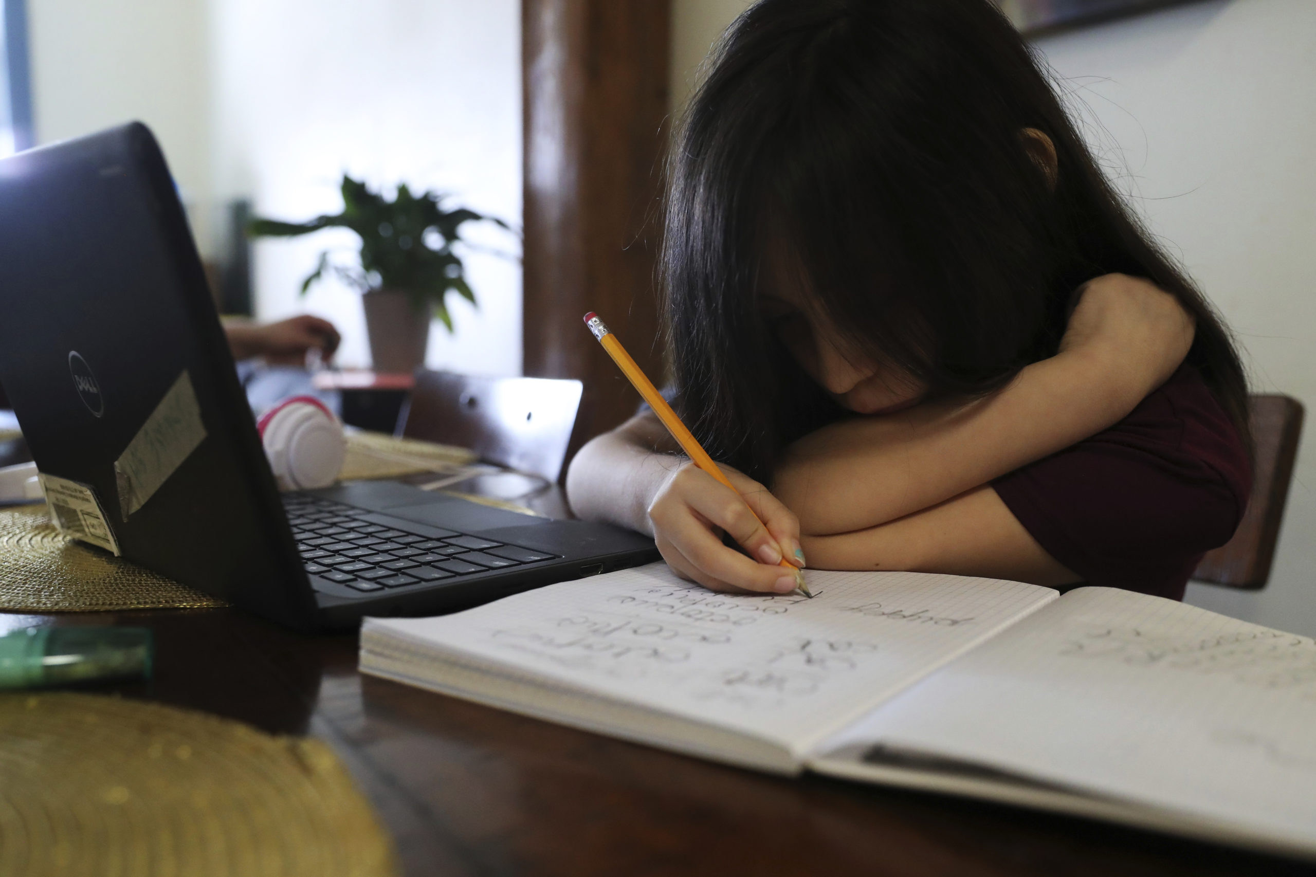 She doing her homework. Школьнику запрещают играть.