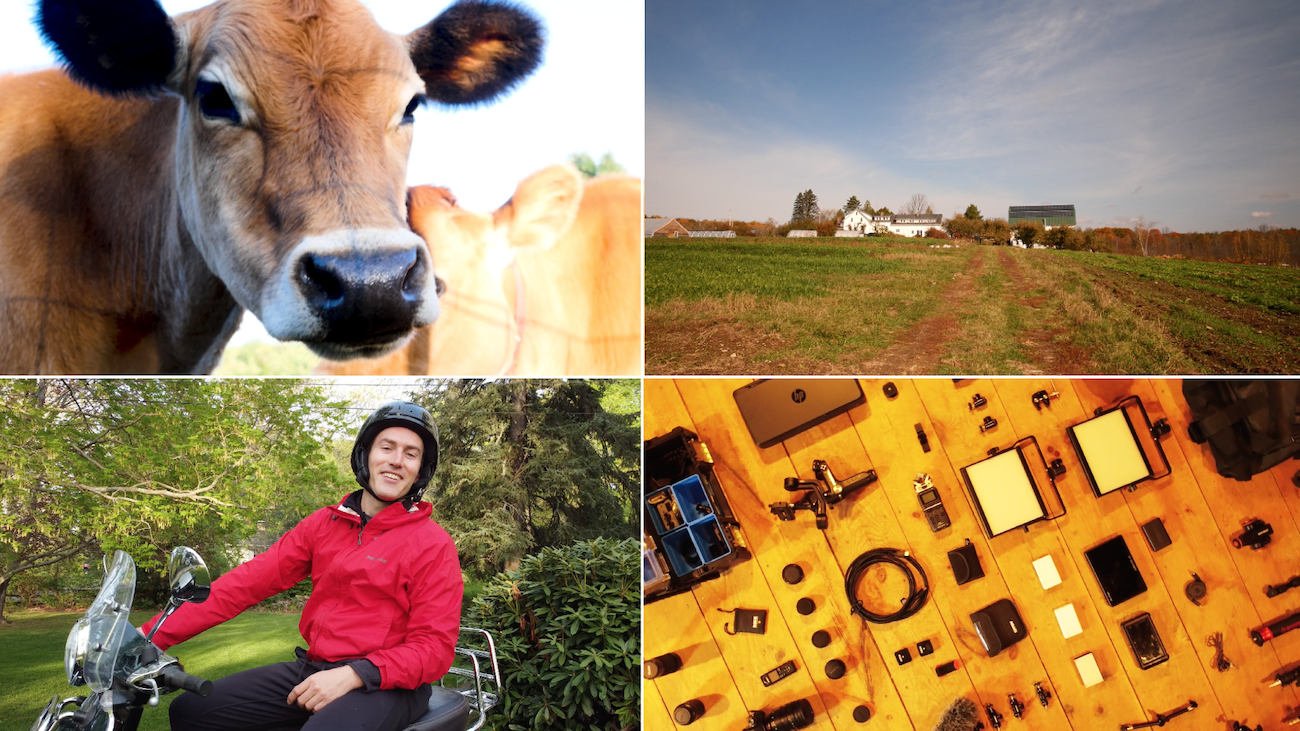 A compilation photo of Alexander Trowbridge on a farm in Maine, where he filmed the "Field Testing" series.