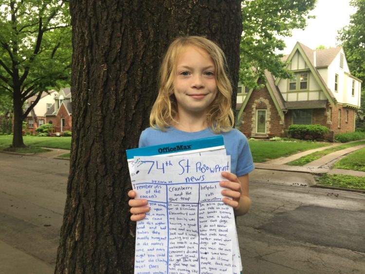 Zara Morrison, 9, publishes the 74th Street Paw Print News in her Kansas City neighborhood.