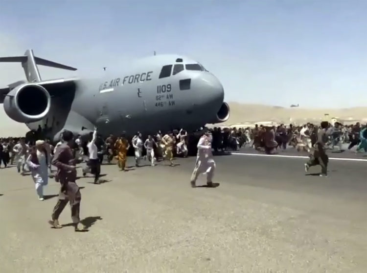 A U.S. Air Force transport jet at Kabul International Airport August 16, 2021