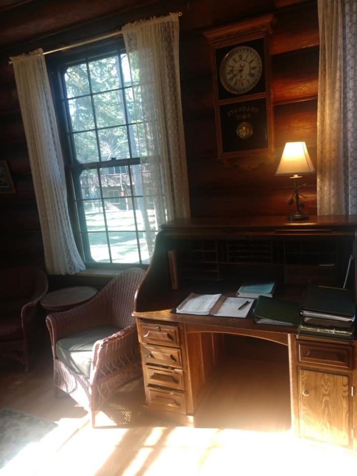 Old oak writing desk in the main room of Douglas Lodge, Itasca State Park, Minnesota