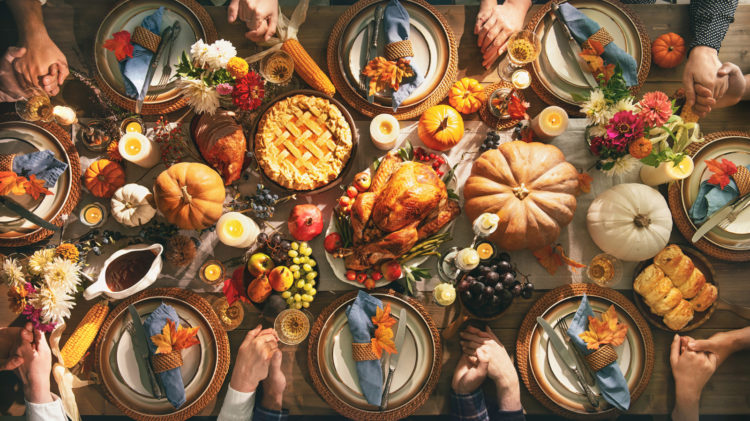 A table set with traditional Thanksgiving food