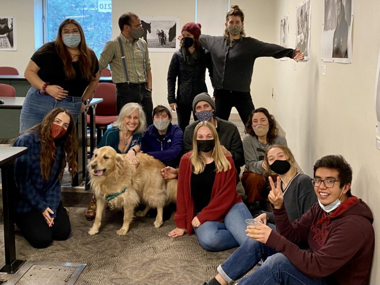 Students from Jan Winburn's trauma reporting class at the University of Montana. Winburn is second from the left in the first row, behind her dog, Boomer.