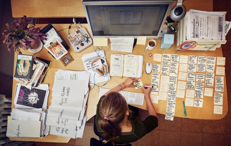 The desk of Danish journalist Line Vaaben as she works on story structure