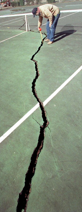 Crack in a tennis court in Bremerton, Washington, following the March 2001 earthquake