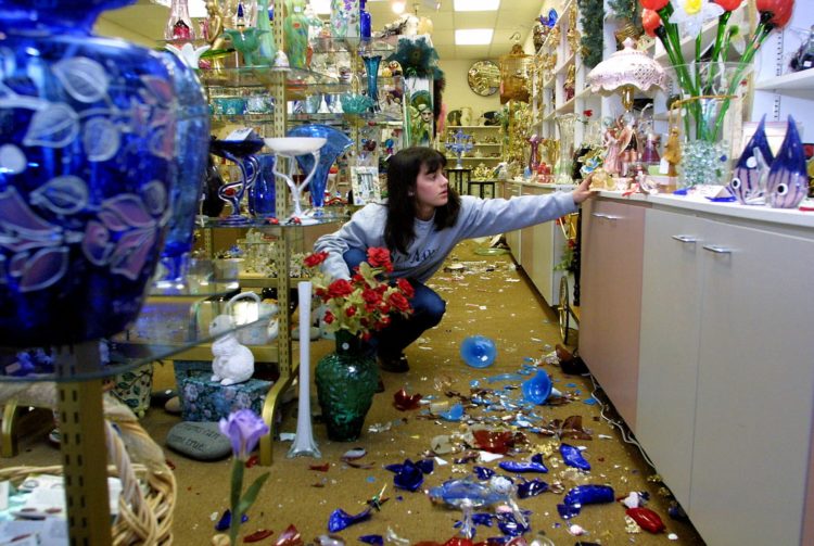 Damage in a glass shop in Olympia, Washington, from a 2001 earthquake