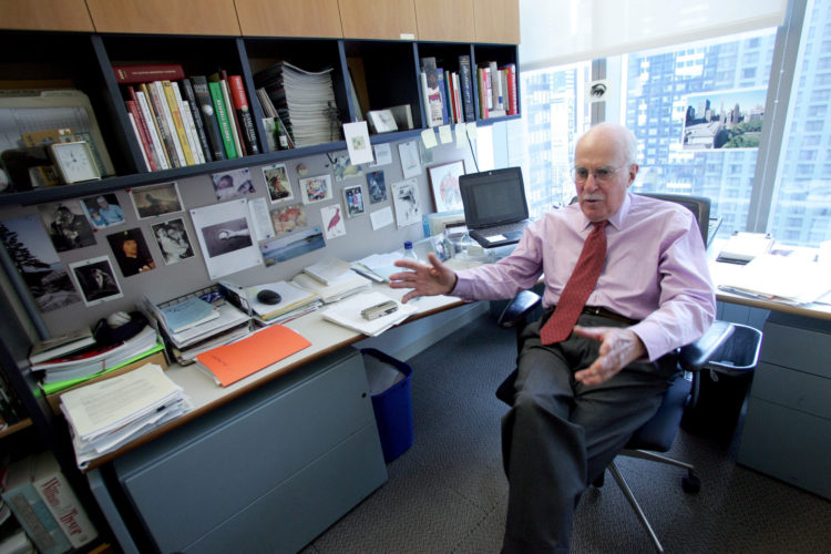 Legendary sportswriter Roger Angell in his office at The New Yorker in 2006