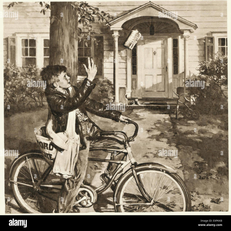 Boy delivering newspapers on a bicycle route in the 1950s